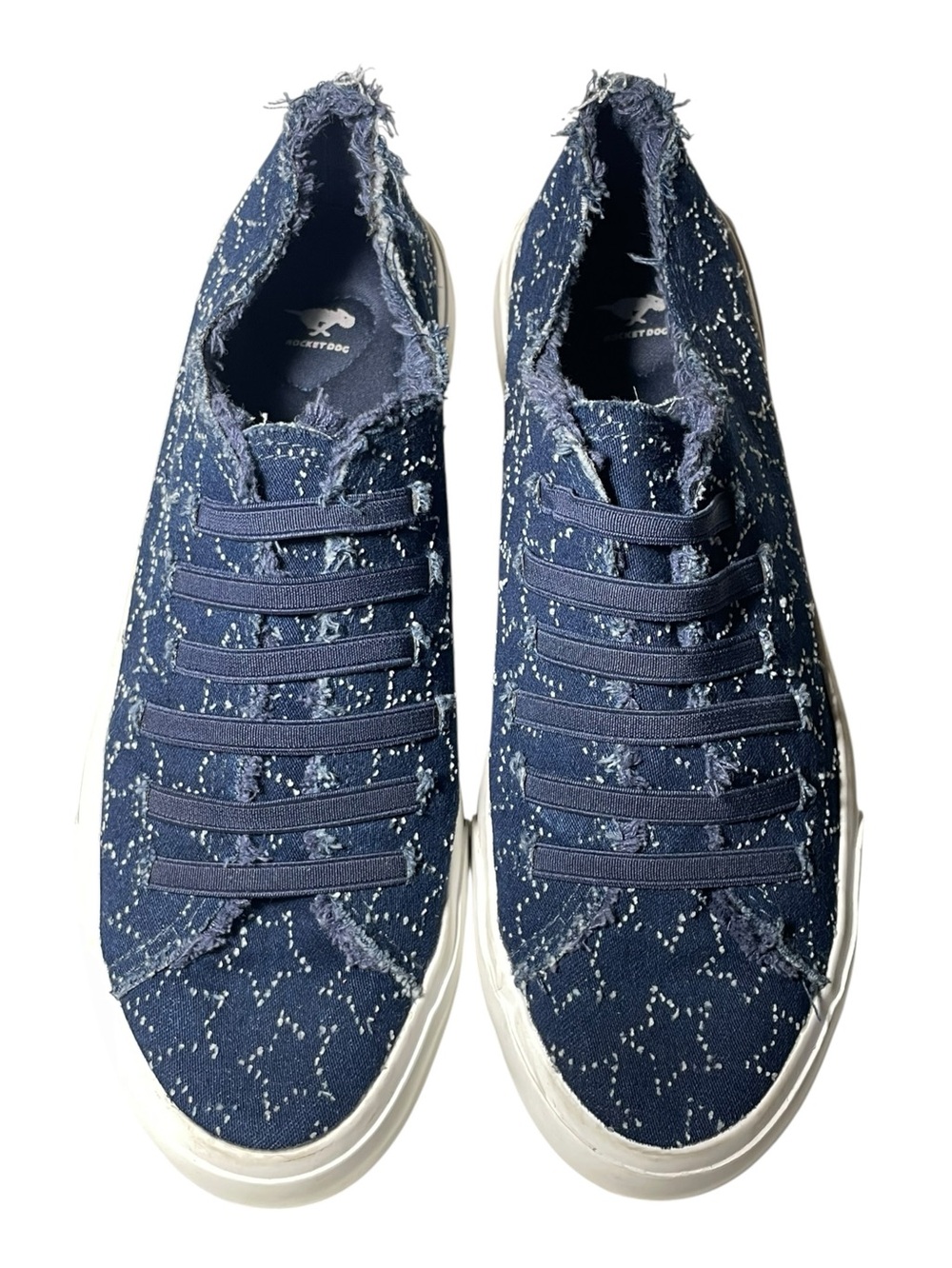 Rocket Dog Navy Denim Fray Distressed Slip-On Sneakers White Star Design Size 9
